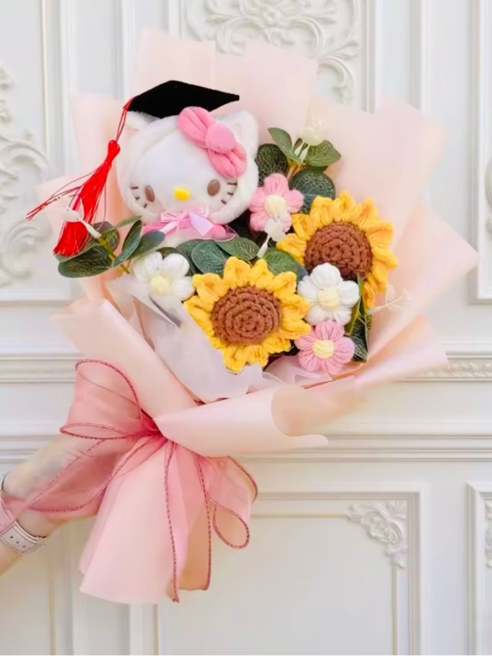 Hello Kitty Plush Bouquet with Pink Wrap and Yellow Sunflowers MADE TO ORDER